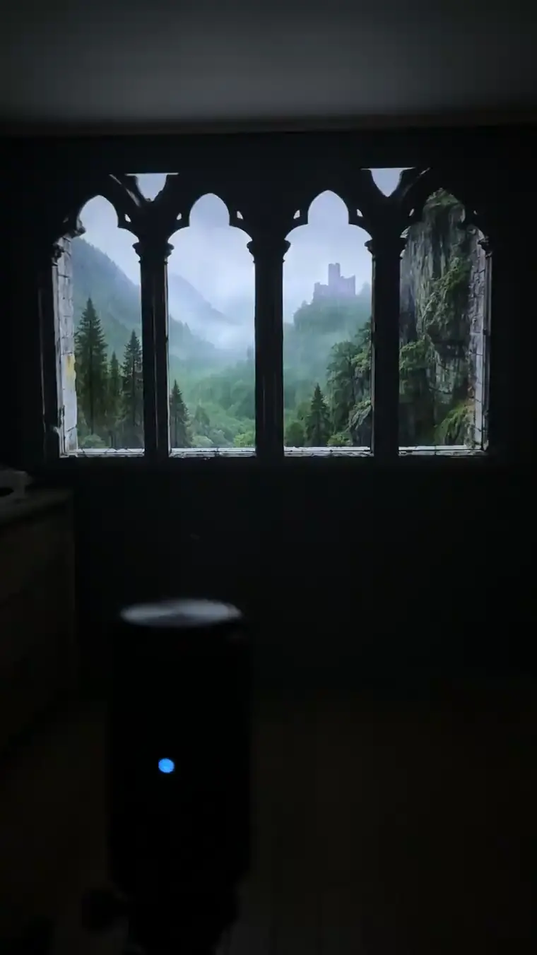 4K ambient window view of a misty mountain valley with a distant castle, seen through a gothic stone window, by Framic Window Views